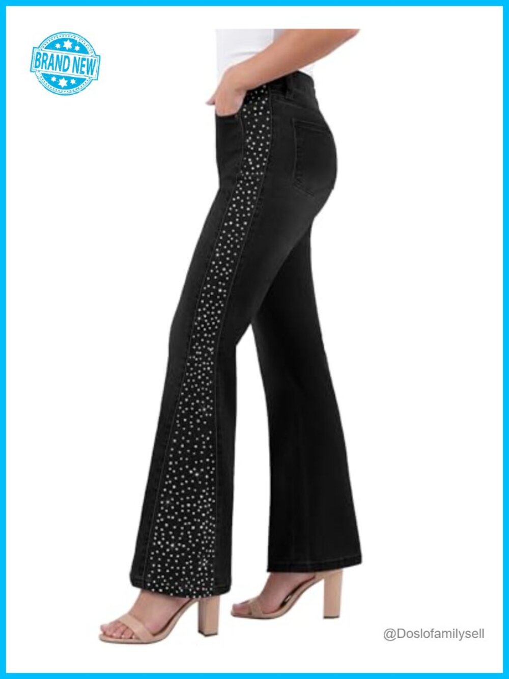 High Waisted Flare Jeans Rhinestone Embellished Stretch Denim